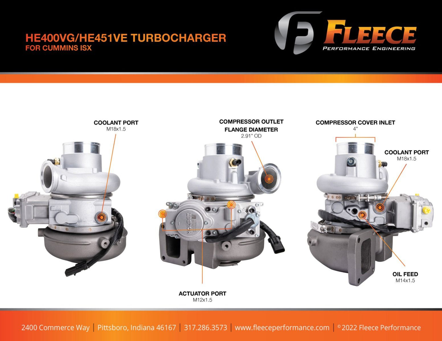 Fleece Performance HE400VG / HE451VE Turbocharger for Cummins ISX - 64mm