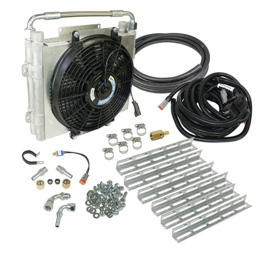 XTRUDE DOUBLE STACKED TRANSMISSION COOLER WITH FAN - COMPLETE KIT 1/2IN LINES